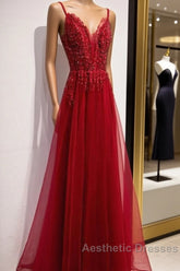Wine Red Straps V-Neckline Lace Applique Long Evening Prom Dresses, Dark Red Formal Dresses